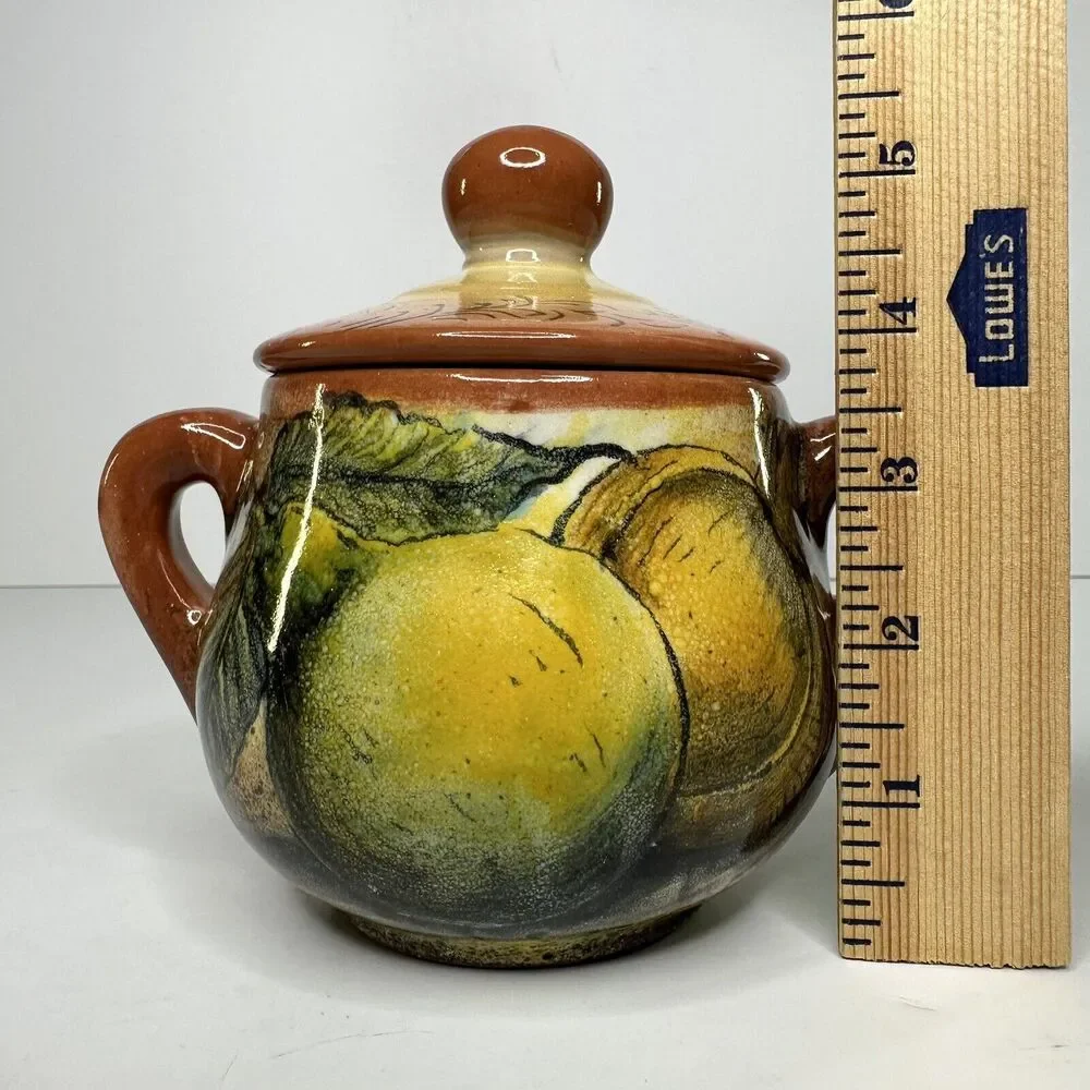 Covered Sugar Bowl‎ Mexico Majolica Venegas Hand Painted Pottery Fruit Pears
